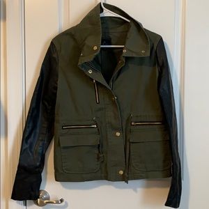 Faux leather sleeve olive jacket